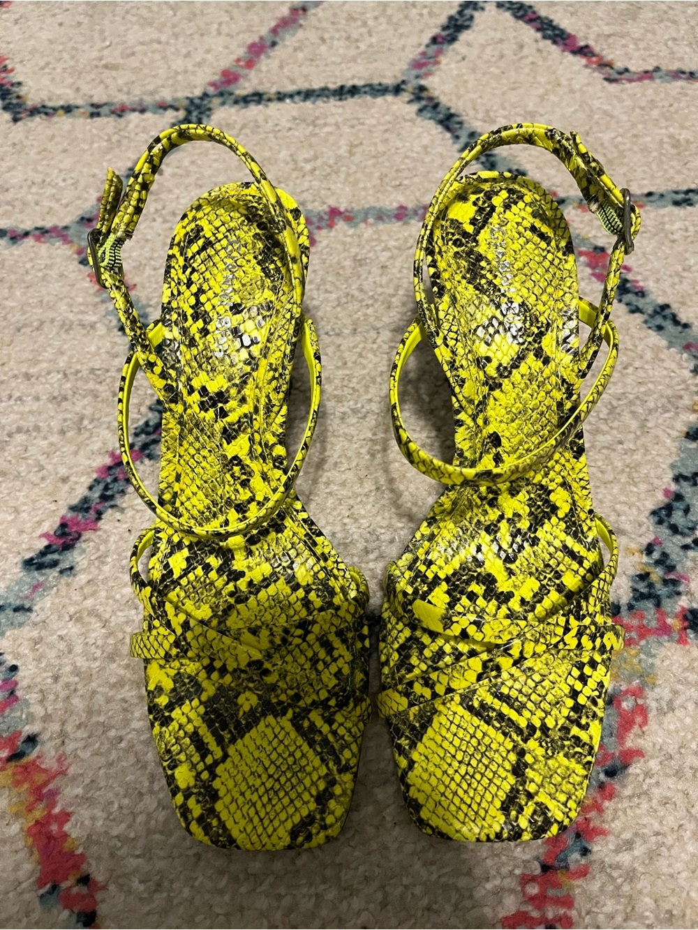 Gianni Bini Yellow Snake-Print Strappy Heels